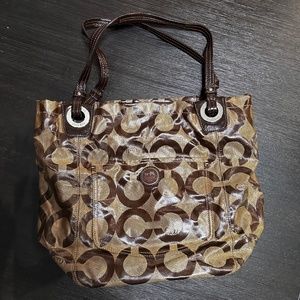Retired Coach Alex Op Art Brown/Khaki Coated Canvas Tote 14264